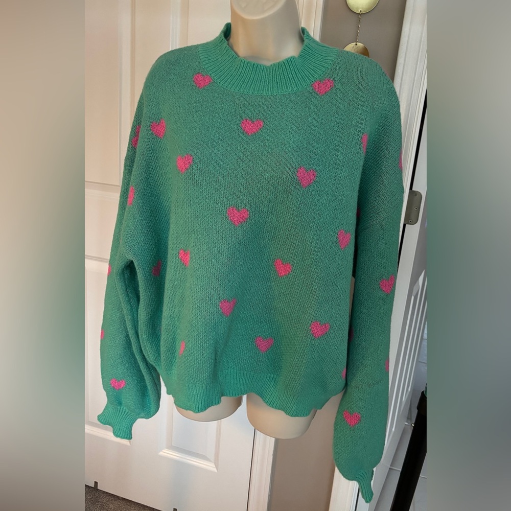SHEIN Teal Sweater with Pink Heart Accents